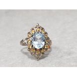 Silver topaz and citrine cluster ring size s 4.8g gross