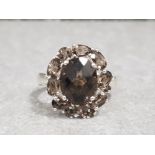 Silver and smokey quartz cluster ring size a 4.7g gross