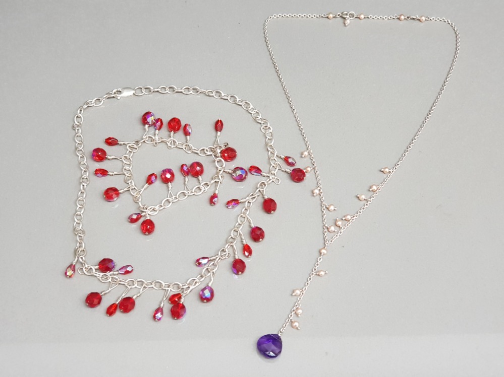 Silver 925 necklet & bracelet 2 piece set plus silver necklace with simulated pearls & purple