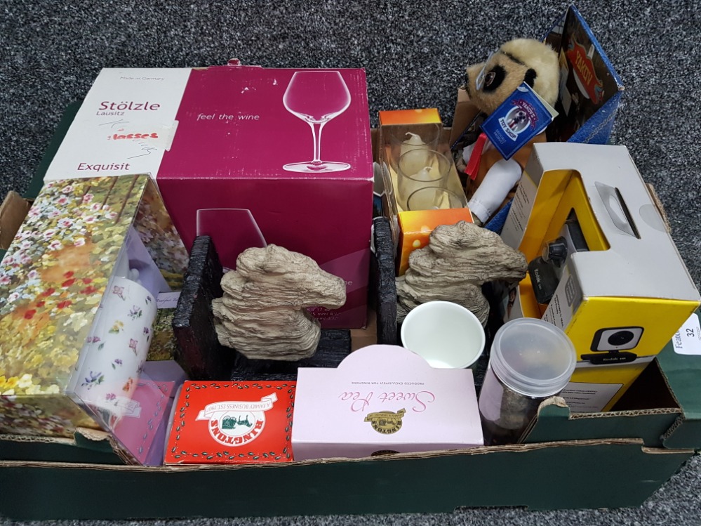 Box of miscellaneous items to include Ringtons mugs, horse head bookends, Yakov Meerkat toy &