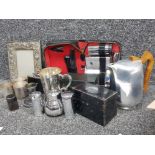 Box of miscellaneous items to include 2x hip flasks, picquot coffee pot, metal tins etc