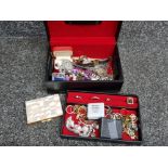 Jewellery box containing miscellaneous costume jewellery, including earrings, ladys wristwatches,