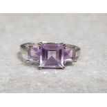 Silver 3 stone amethyst ring size p 2.2g gross