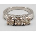 18ct white gold 3 stone diamond ring. Approx 1.5ct size N 10.3g