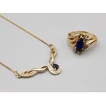 9ct gold sapphire and diamond jewellery set. Ring earrings and pendant on chain 8.5g