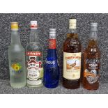 5 bottles of alcohol including The famous Grouse whisky, Smirnoff vodka, Angels peach schnapps,