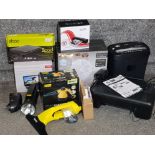Box of misc electronic items includes portable DVD player, table fan, steam cleaner and printer etc