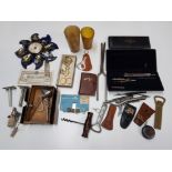 Collectables to include two horn beakers, wall clock, drawing sets, razors etc