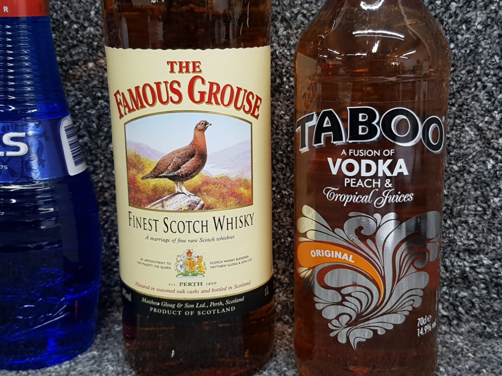 5 bottles of alcohol including The famous Grouse whisky, Smirnoff vodka, Angels peach schnapps, - Bild 2 aus 3