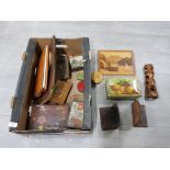 Collectables to include advertising tins, leather bookends, wooden boxes, documents holders etc