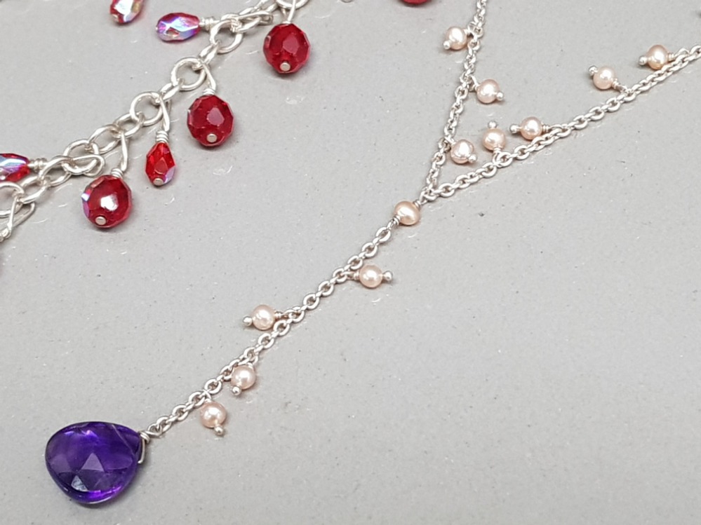 Silver 925 necklet & bracelet 2 piece set plus silver necklace with simulated pearls & purple - Bild 3 aus 3
