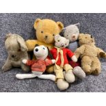 antique rabbit soft toy together with 2 teddy bears - one jointed also includes stitched Rupert