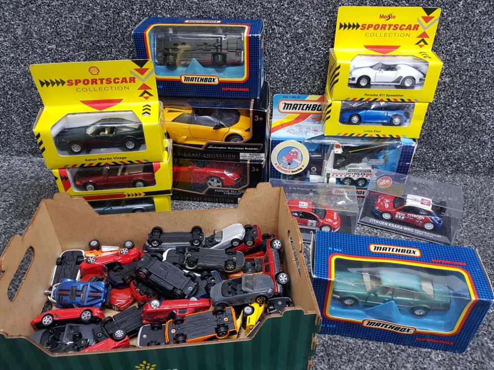 Selection of vintage diecast cars makers include Matchbox, shell & Maisto, ( some boxed)
