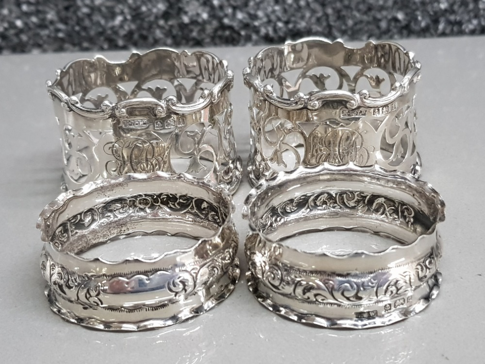 2 pairs of hallmarked Birmingham silver napkin rings, dated 1903 & 1908, 47.4