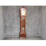 German reproduction grandfather clock , with gilt dial & pendulum and weights