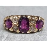 9ct yellow gold 3 stone Amethyst & 4 stone diamond ring, size N, 3.9g gross