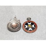 2 solid silver fobs 1being british rail medical enamelled and one gold bullseye centre 16.4g