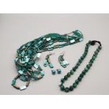 Blue mother of pearl bead necklace and matching earrings, green agate bead necklet and silver and