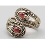 Silver garnet and marcasite crossover ring , size p , 8.4g