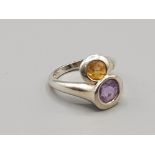 Silver amethyst and citrine crossover ring , size q 1/2 , 5.6g
