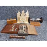 Tray of wooden ware including cigar box of keys part set boxed apothecary scales gothic money box