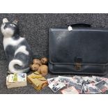 Mixed lot containing black leather carry case, large wooden cat figure & 2 small wooden cat