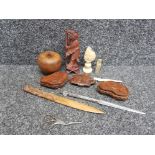 Box to include chinese carvings treen silver plated letter opener other wooden objects etc