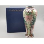 Moorcroft ceramic vase - pink wild flowers design, height 21cm with original box