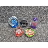 5 art glass paperweights to include one with millefiori pattern