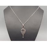 Very fine sterling silver 925 & marcasite pendant on chain, 5g gross