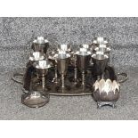 Silver plate twin handled tray containing various silver plated goblets by valero