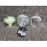 4 art glass paperweights to include caithness mooncryst