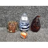 4 art glass paperweights to include one in the form of a pear