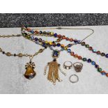 Job jewellery lot includes 3 silver dress rings (smokey quartz & opal) plus 3x costume necklaces