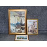 3 gilt framed prints, includes fisherman, Galleon ship & north shields lowlights scene