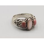 Silver , 3 pink stone ring , size P