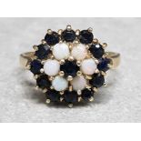 9ct yellow gold opal & sapphire cluster ring, comprising of 6 opals & 13 sapphires, size P½, 4.4g