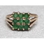 9ct yellow gold & 9 stone emerald ring, size N, 2.6g gross