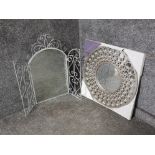 A contemporary circular wall mirror still boxed, and a grey painted metal dressing table mirror