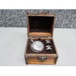 Treasure chest containing Prince of Wales quartz pocket watch, chain and cufflinks.