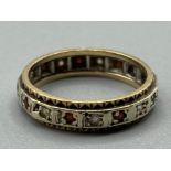 Vintage 9ct gold white & red stone eternity style ring, size M, 2.7g