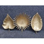 A pair of cast metal gilded leaf bowls plus a matching sunburst fruit bowl