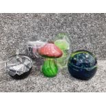 Collection of 5 art glass paperweights to include mdina