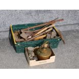 Large box of metalware including fire irons wood planes and locks together with a small tray