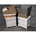 A pair of white painted wooden and wicker storage units and six wicker and other storage baskets