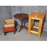 Two occasional tables, cracket stool, and wicker magazine rack.