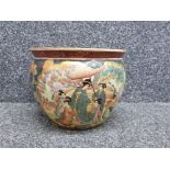 Stylish Chinese fish bowl with satsuma finish to the outer and swimming fish among fronds to the