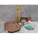 Highly chip carved exotic wood tray with brass handles empoli outsize amber ribbed jug vase large