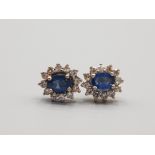 Ladies 9ct yellow gold sapphire and diamond cluster studs featuring a oval blue sapphire in the
