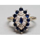 14ct yellow gold sapphire and diamond marquise style cluster ring size P 4.1g gross